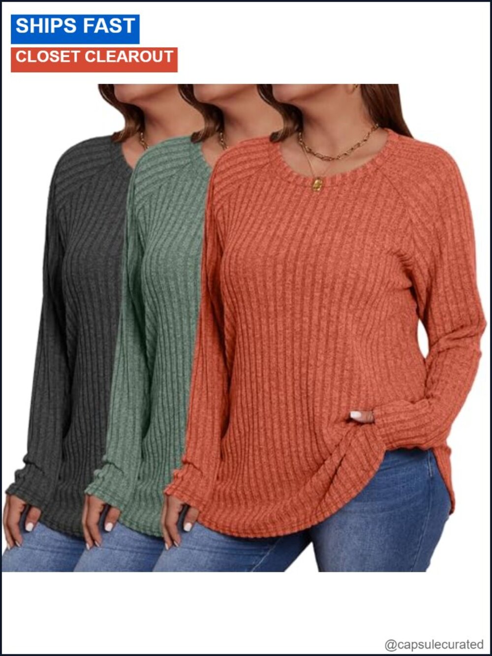3 Pack Plus Size Long Sleeve Crew Neck Tunic Sweaters for Women